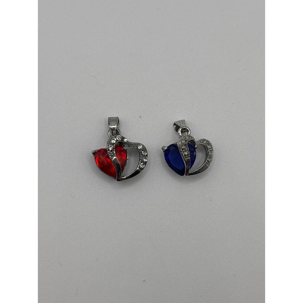 Silver toned simulated gem stone heart pendants blue and red